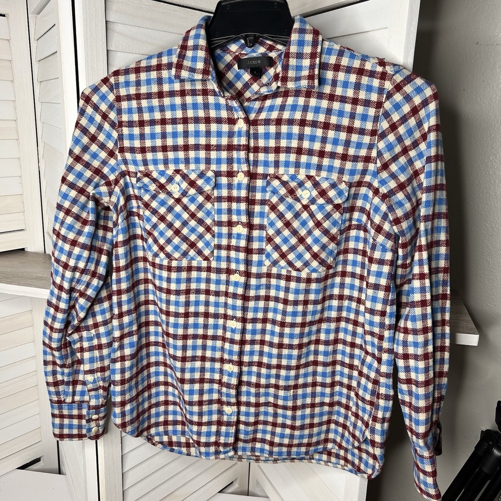 J Crew Plaid Flannel Button Down Shirt Shacket Boyfriend Red, Blue, White Size 4
